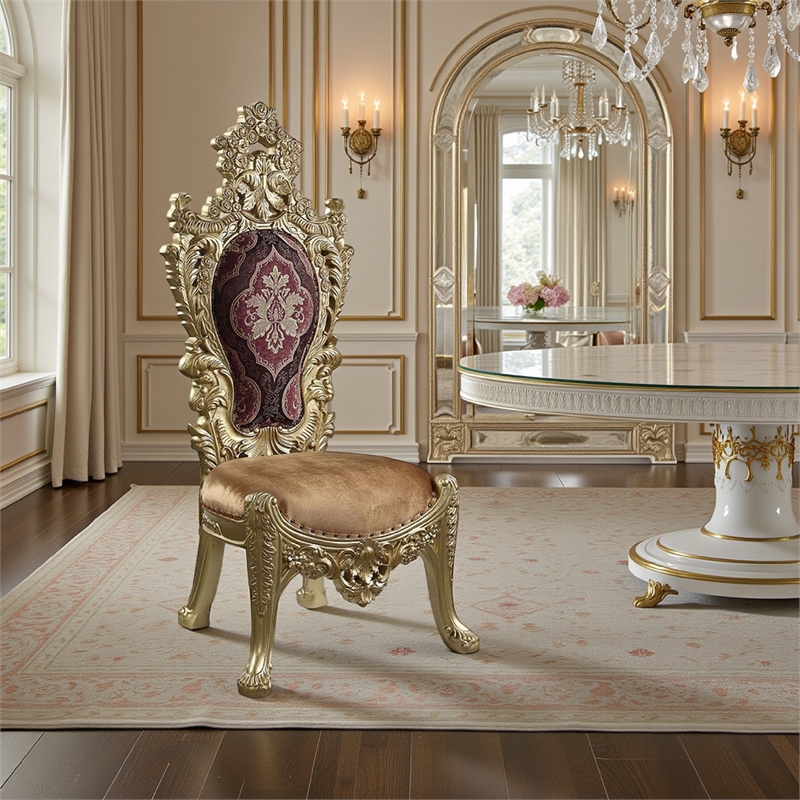 Rexx Side Dining Chair Set of 2- Crown Top- Nailhead Trim Gold and Red