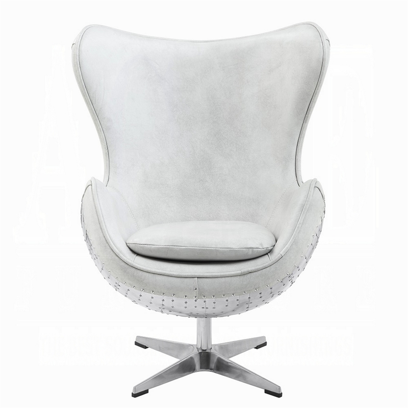 Bran Egg Chair with Swivel- Riveted Metal- White Top Grain Leather