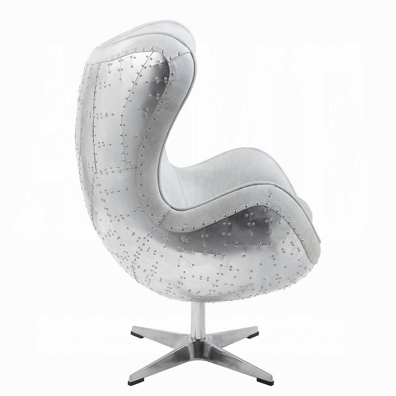 Bran Egg Chair with Swivel- Riveted Metal- White Top Grain Leather
