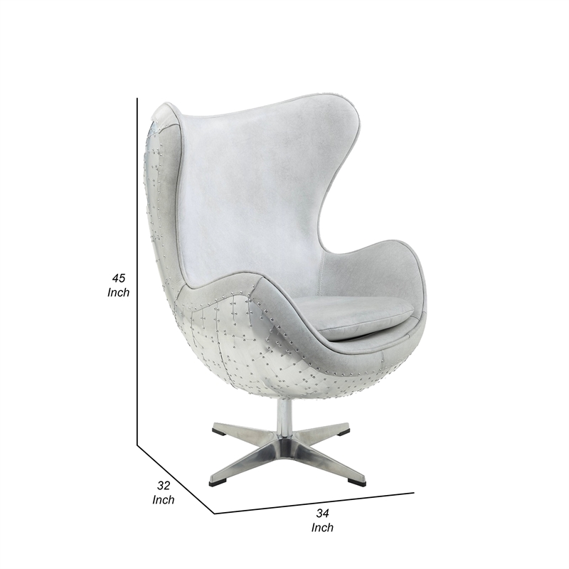 Bran Egg Chair with Swivel- Riveted Metal- White Top Grain Leather