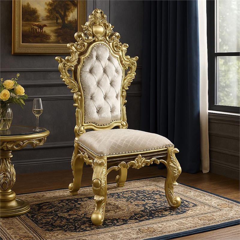 Mara Side Dining Chair Set of 2- Crystal Tufted- Gold Floral Carvings