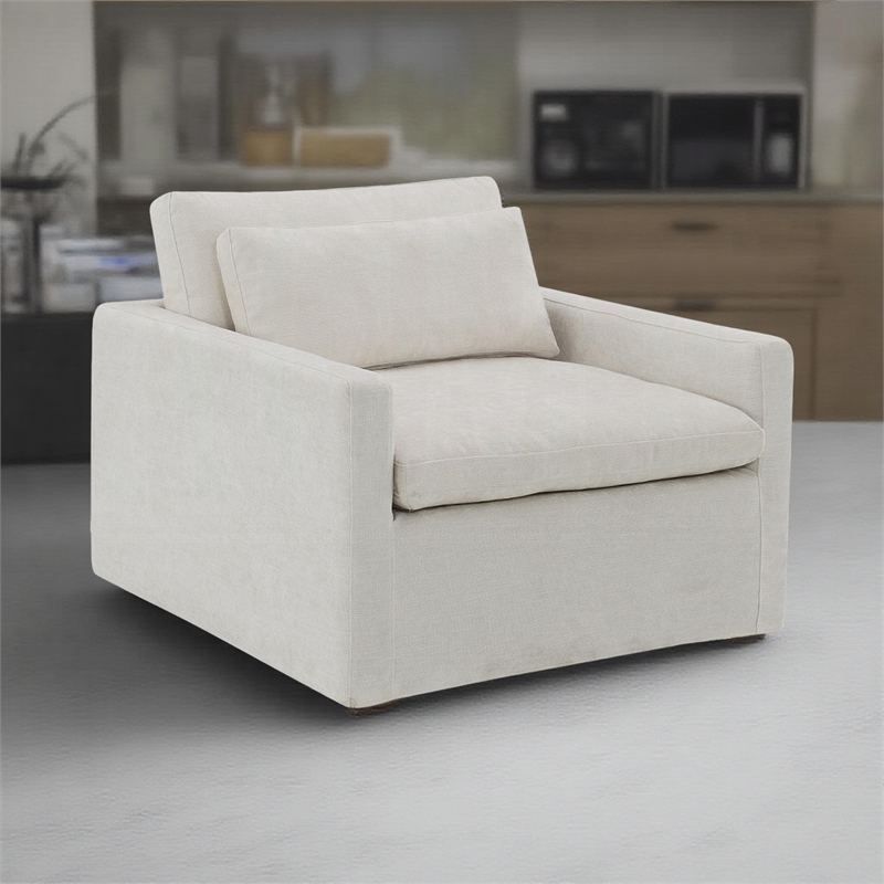 Rick Swivel Accent Chair w Pillow- Square Arm- Ivory White Upholstery
