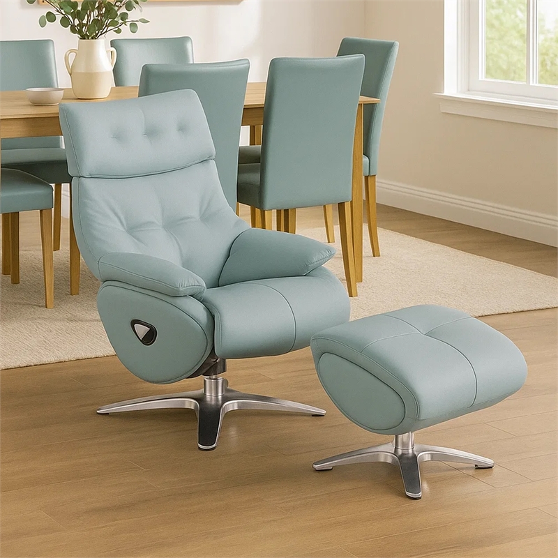 Fema Swivel Accent Chair w Ottoman- Light Blue Top Grain Leather