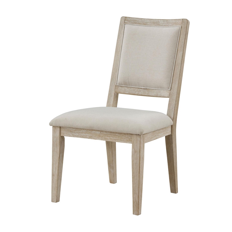 Eva Dining Side Chair Set of 2- Square Back- White Wood- Beige Fabric