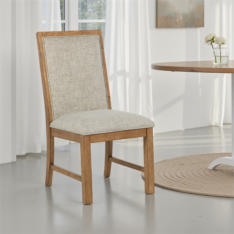 Rune Dining Side Chair Set of 2- Brown Asian Hardwood- Beige Fabric