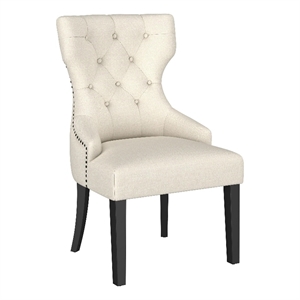 Aney Dining Side Chair- Curved Barrel Design- Beige Fabric- Black Wood