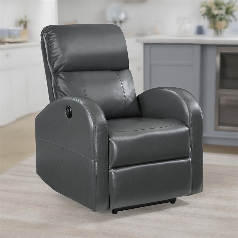 Nami Power Recliner Chair- Rich Gray Faux Leather- Plush Pillow Back