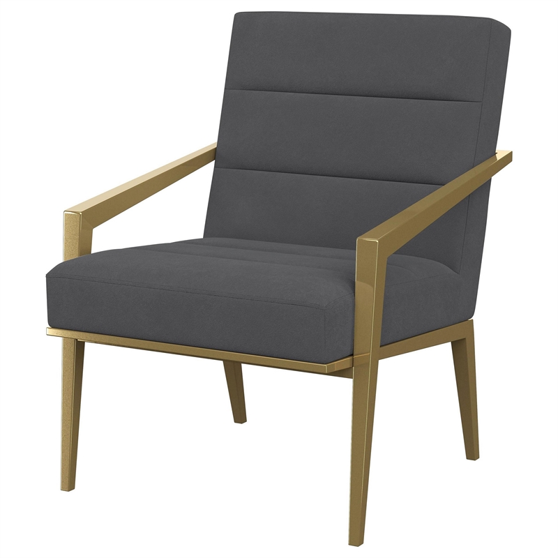 Kiara Accent Chair- Channel Tufted Dark Gray Fabric- Gold Metal Frame