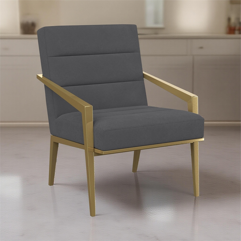Kiara Accent Chair- Channel Tufted Dark Gray Fabric- Gold Metal Frame