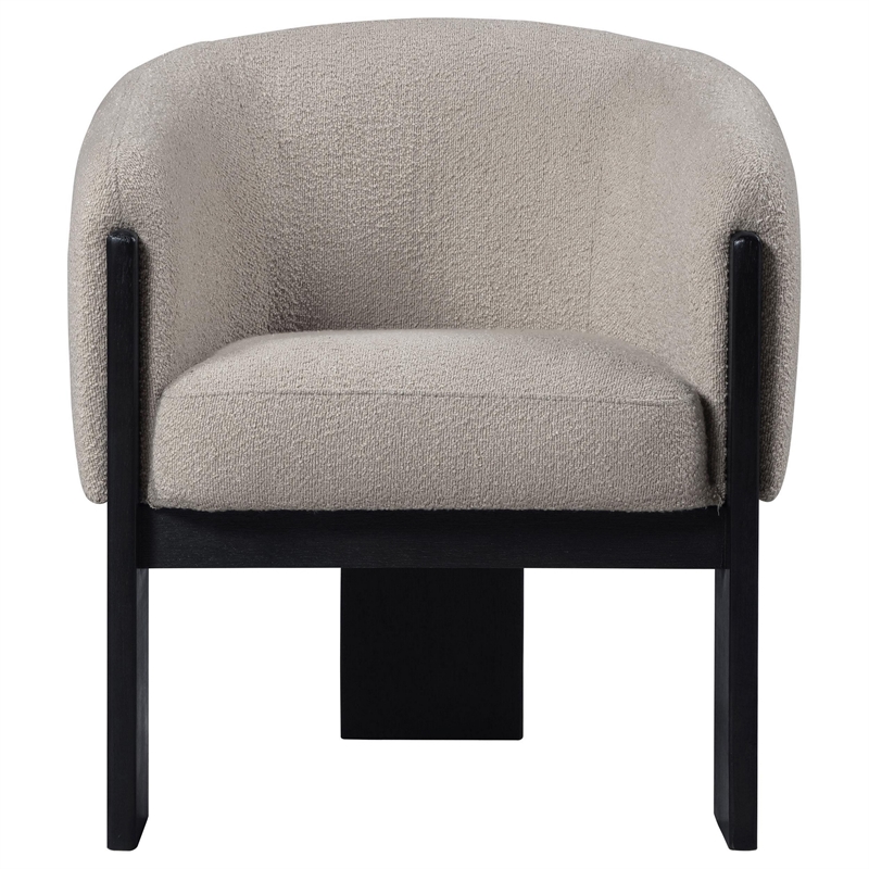 Vala Accent Chair- Modern Plush Beige Boucle Barrel Back- Black Wood