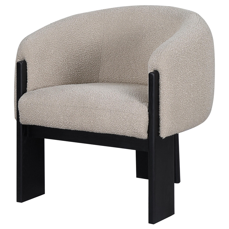 Vala Accent Chair- Modern Plush Beige Boucle Barrel Back- Black Wood