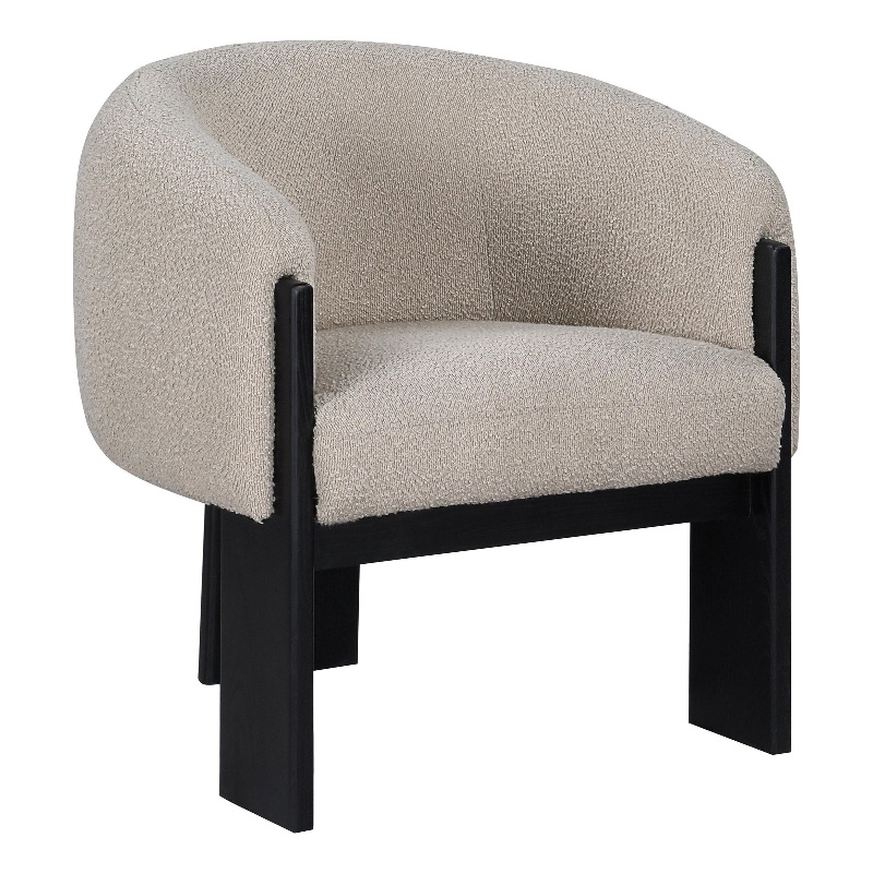 Vala Accent Chair- Modern Plush Beige Boucle Barrel Back- Black Wood