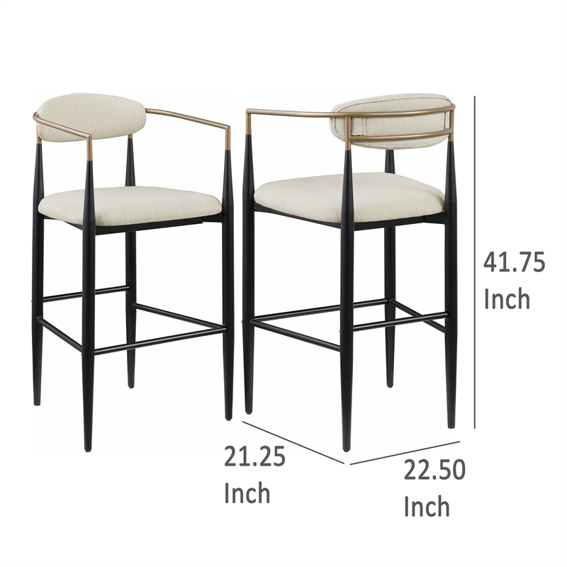 Tiara Bar Chair Set of 2- Beige Fabric- Gold Black Metal 30 Inch