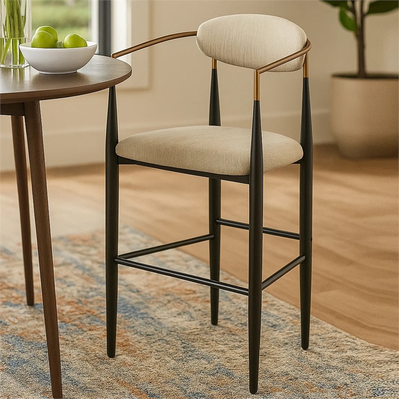 Tiara Bar Chair Set of 2- Beige Fabric- Gold Black Metal 30 Inch