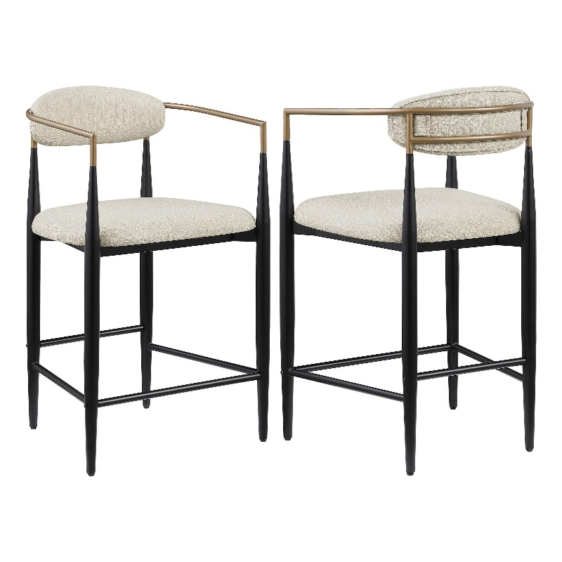 Tiara Counter Height Chair Set of 2- Beige Fabric- Black Metal 25 Inch