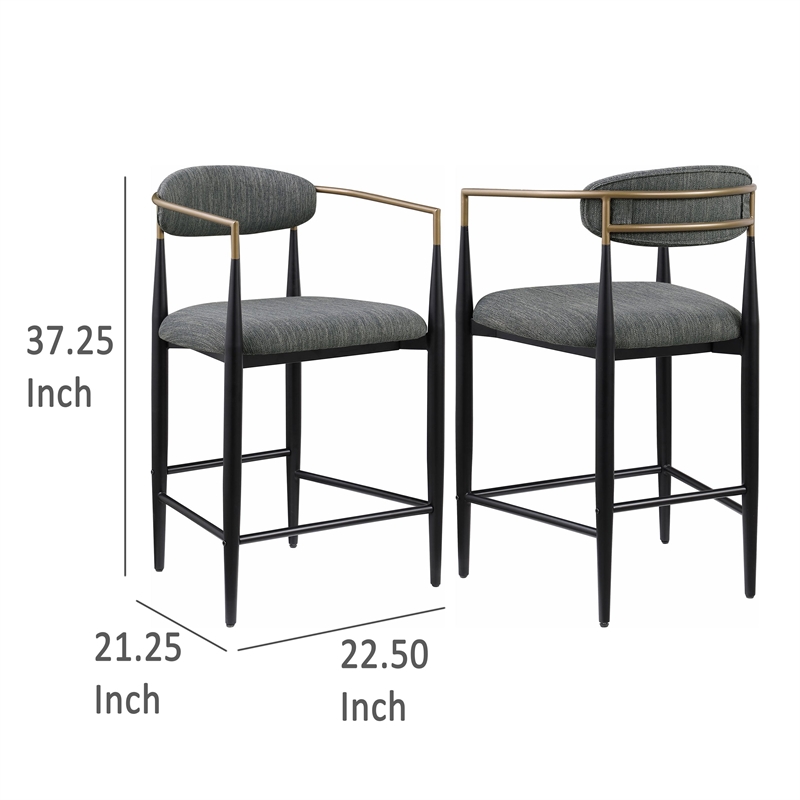 Tiara Counter Chair Set of 2- Gray Fabric- Gold- Black Metal 25 Inch