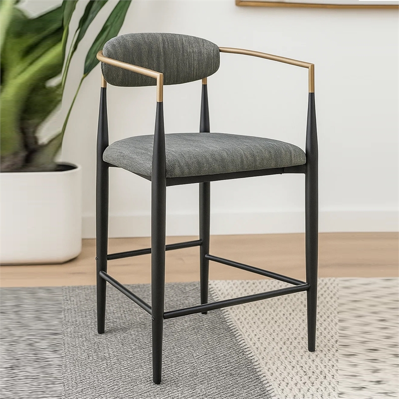 Tiara Counter Chair Set of 2- Gray Fabric- Gold- Black Metal 25 Inch