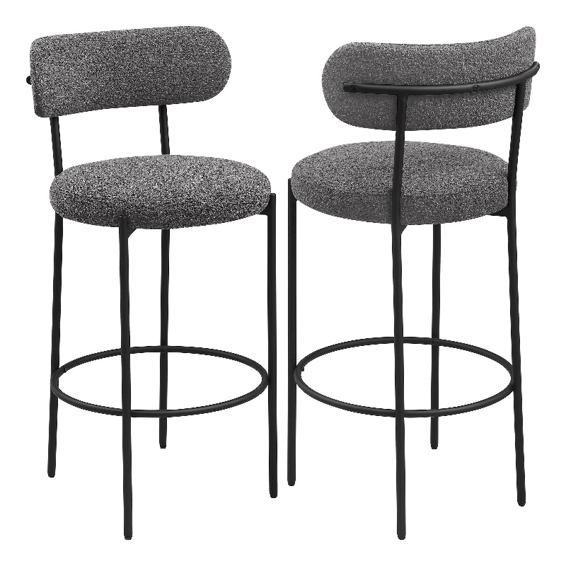 Winona Bar Chair Set of 2- Gray Boucle Fabric- Black Metal 30 Inch