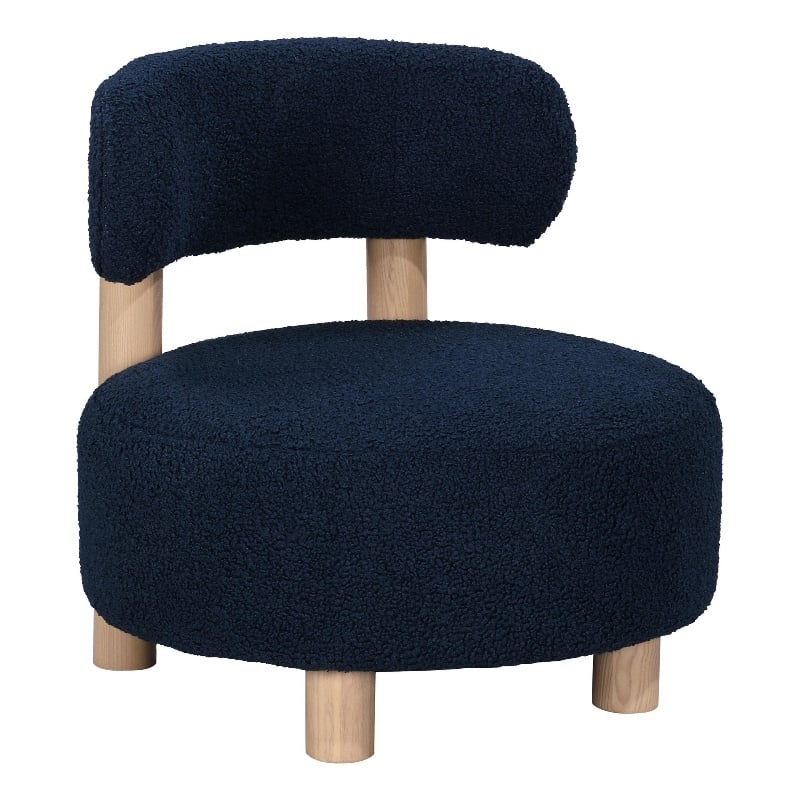 Zona Accent Chair- Barrel Back- Navy Blue Boucle Fabric and Brown Wood