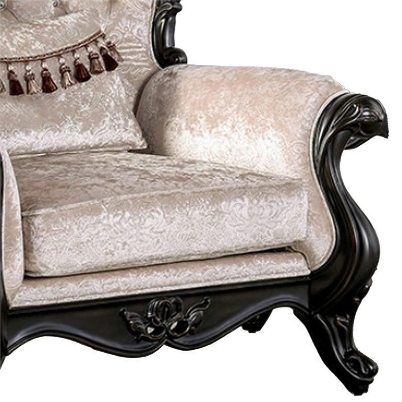 Paulo Accent Chair with Crown Molding- Diamond Tufted Off White- Black Wood