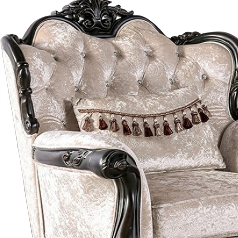 Paulo Accent Chair with Crown Molding- Diamond Tufted Off White- Black Wood