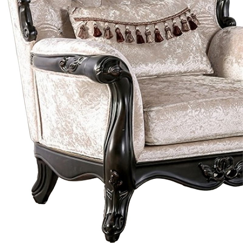 Paulo Accent Chair with Crown Molding- Diamond Tufted Off White- Black Wood