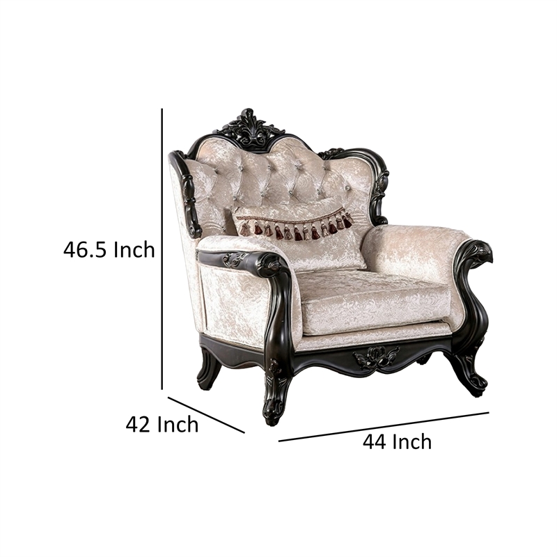 Paulo Accent Chair with Crown Molding- Diamond Tufted Off White- Black Wood