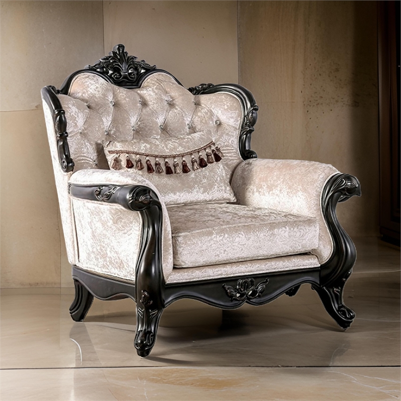 Paulo Accent Chair with Crown Molding- Diamond Tufted Off White- Black Wood