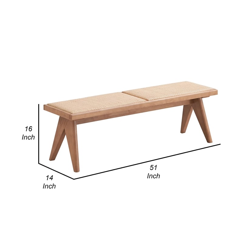 Tina 51 Inch Dining Bench - Transitional Woven Rattan - Natural Brown Wood