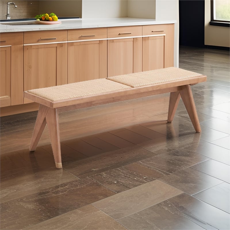 Tina 51 Inch Dining Bench - Transitional Woven Rattan - Natural Brown Wood
