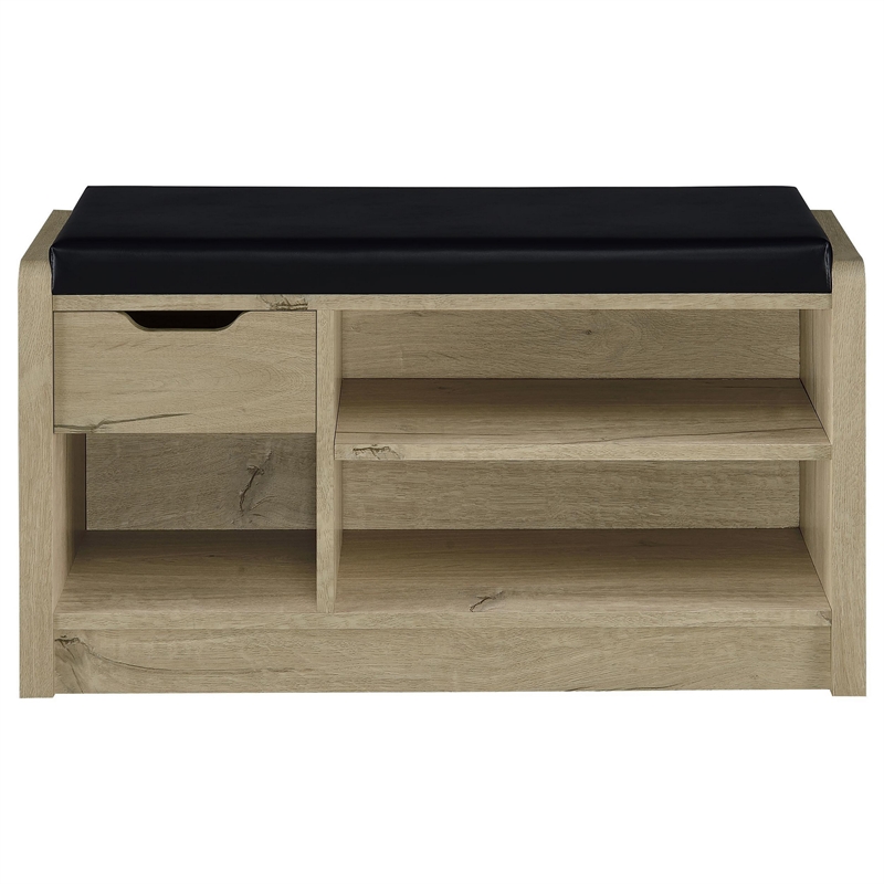 Aryn Storage Bench - Adjustable Shelf - Black Faux Leather - Oak Brown