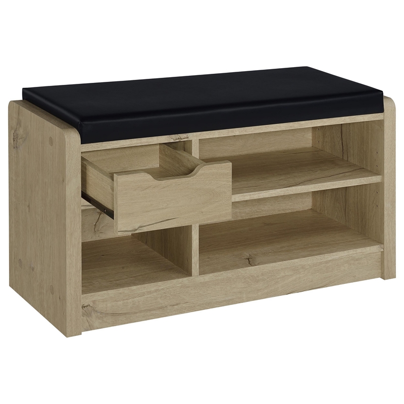 Aryn Storage Bench - Adjustable Shelf - Black Faux Leather - Oak Brown