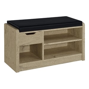 Aryn Storage Bench - Adjustable Shelf - Black Faux Leather - Oak Brown