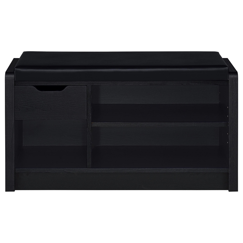 Aryn Storage Bench with Adjustable Shelf - Black Faux Leather - Black