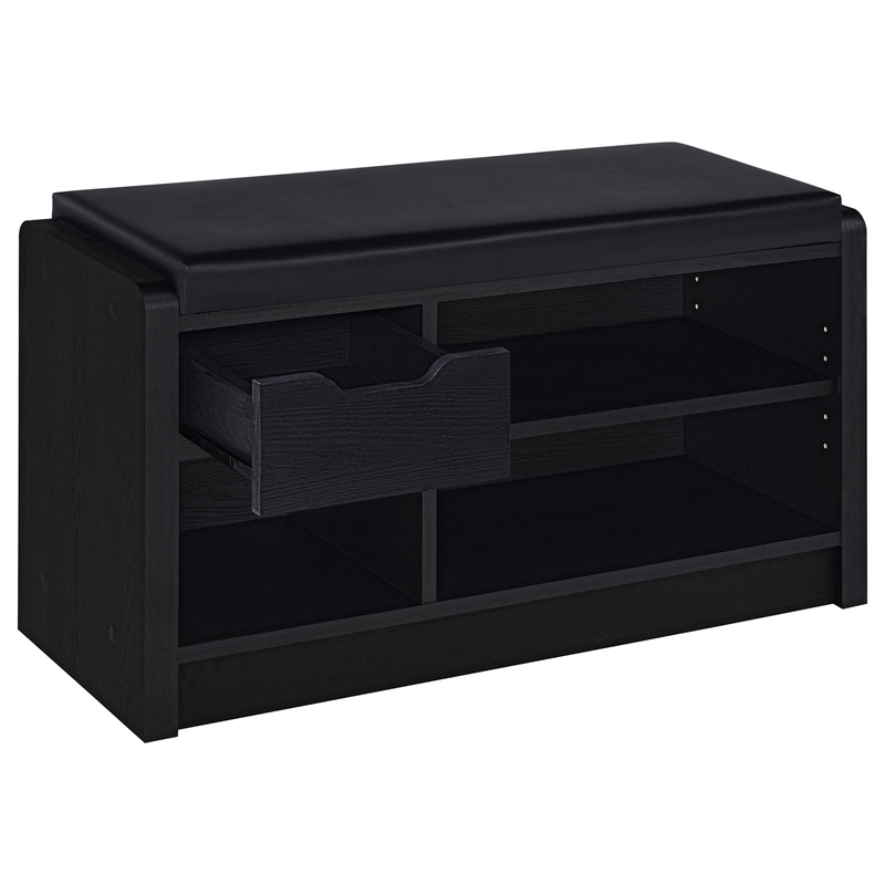 Aryn Storage Bench with Adjustable Shelf - Black Faux Leather - Black