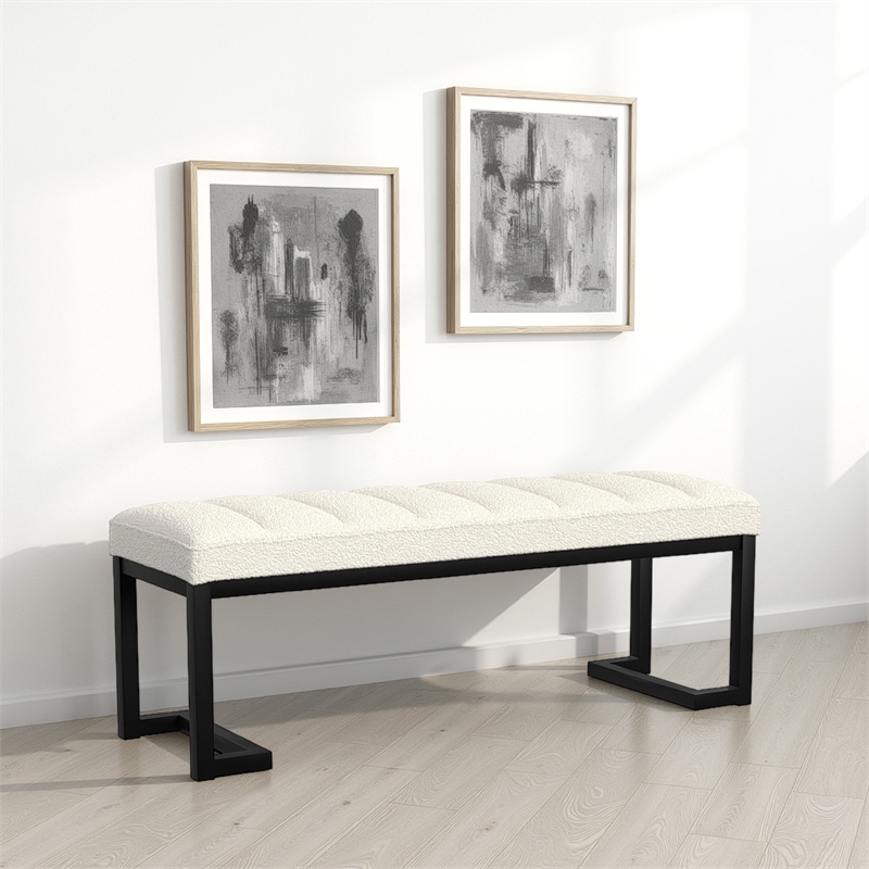 Mezza Accent Bench - Tufted Ivory Boucle Fabric - Black Metal - 48 Inch