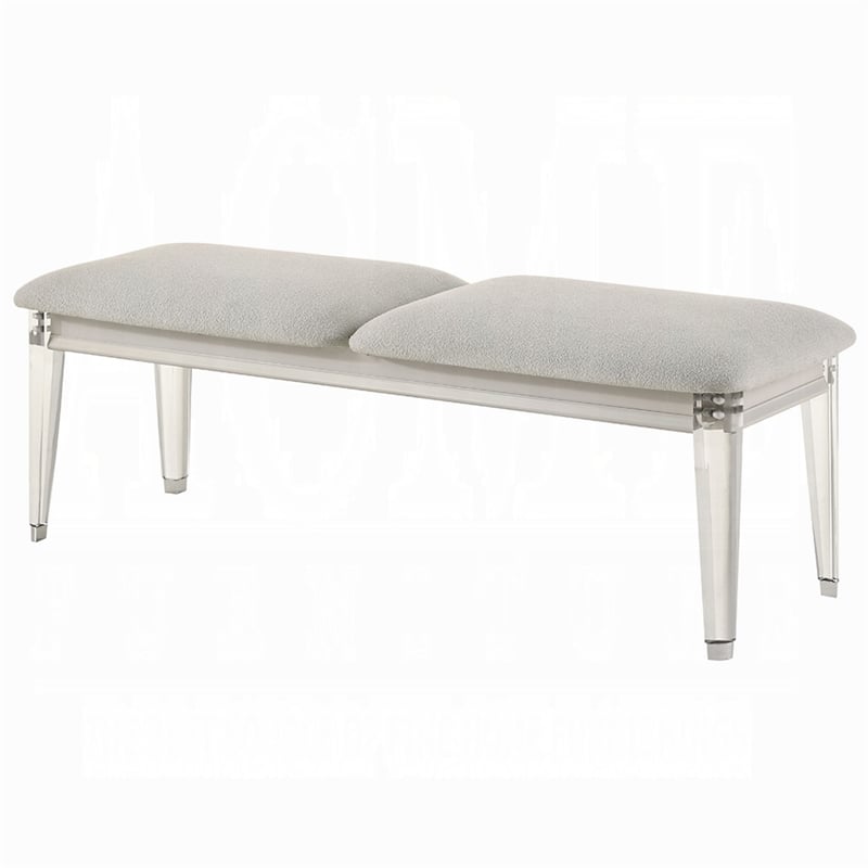 Veda Accent Bench - Light Gray Boucle - Pearl White Wood Finish -54 Inch