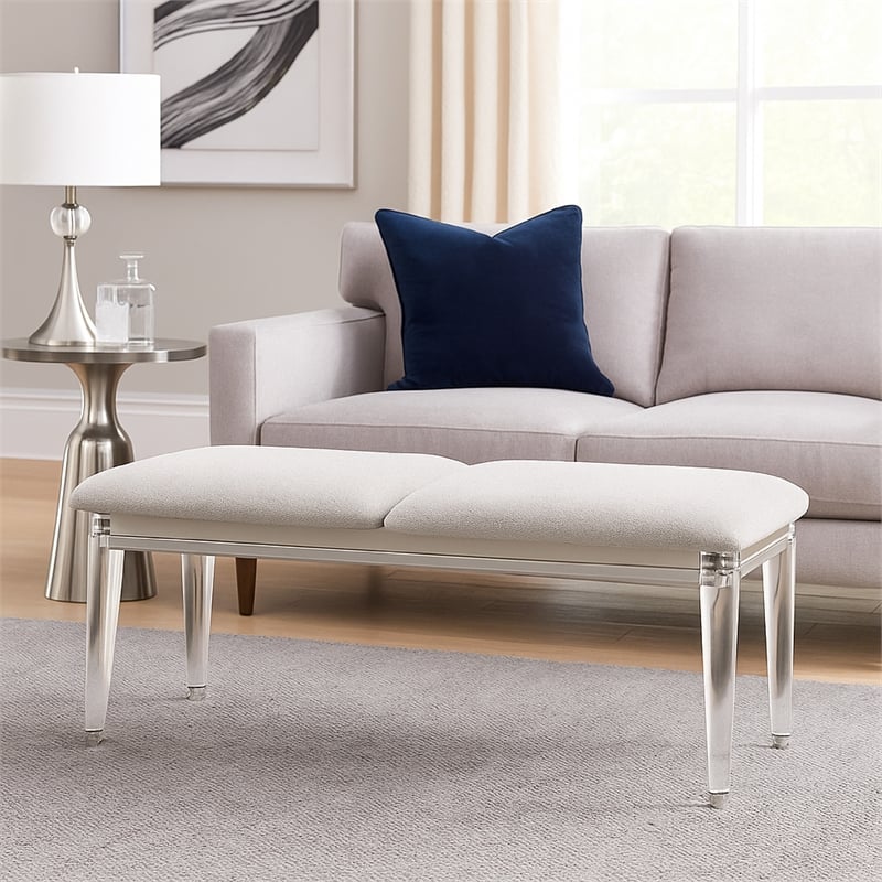 Veda Accent Bench - Light Gray Boucle - Pearl White Wood Finish -54 Inch