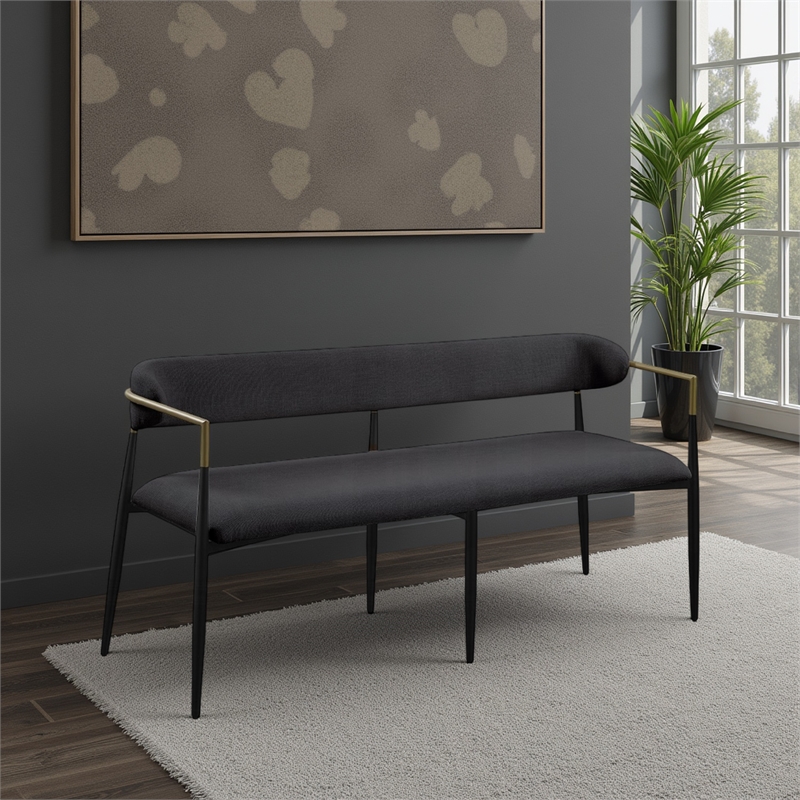 Vonn Long Bench - 62 Inch - Black Chenille - Padded Backrest - Metal Legs
