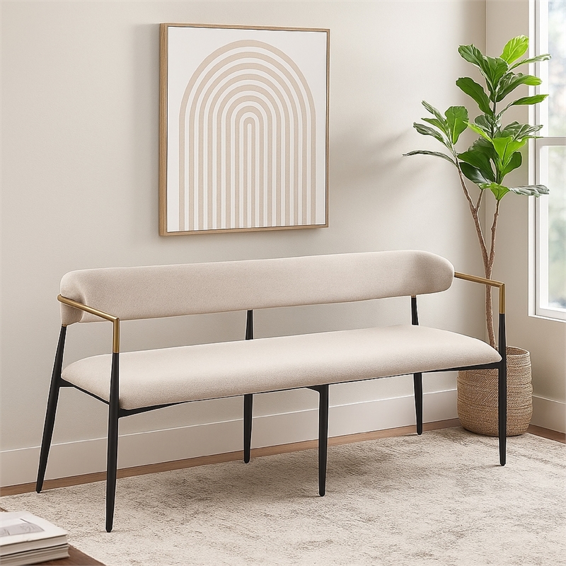 Vonn Dining Bench - Modern 62 Inch Black Metal Frame - Beige Fabric Back