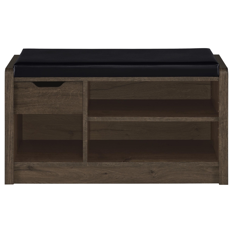 Aryn Storage Bench- Adjustable Shelf - Black Faux Leather - Dark Brown