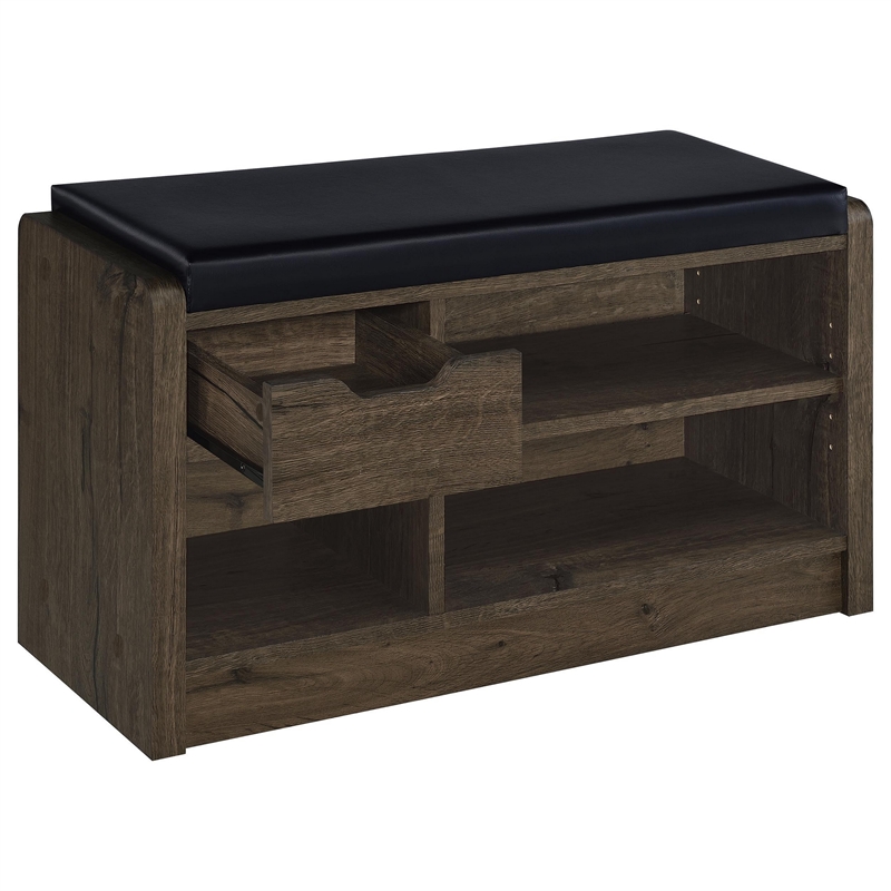 Aryn Storage Bench- Adjustable Shelf - Black Faux Leather - Dark Brown