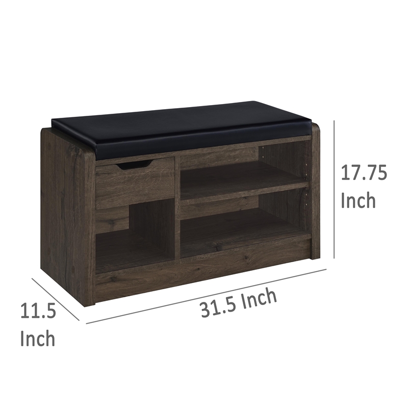 Aryn Storage Bench- Adjustable Shelf - Black Faux Leather - Dark Brown