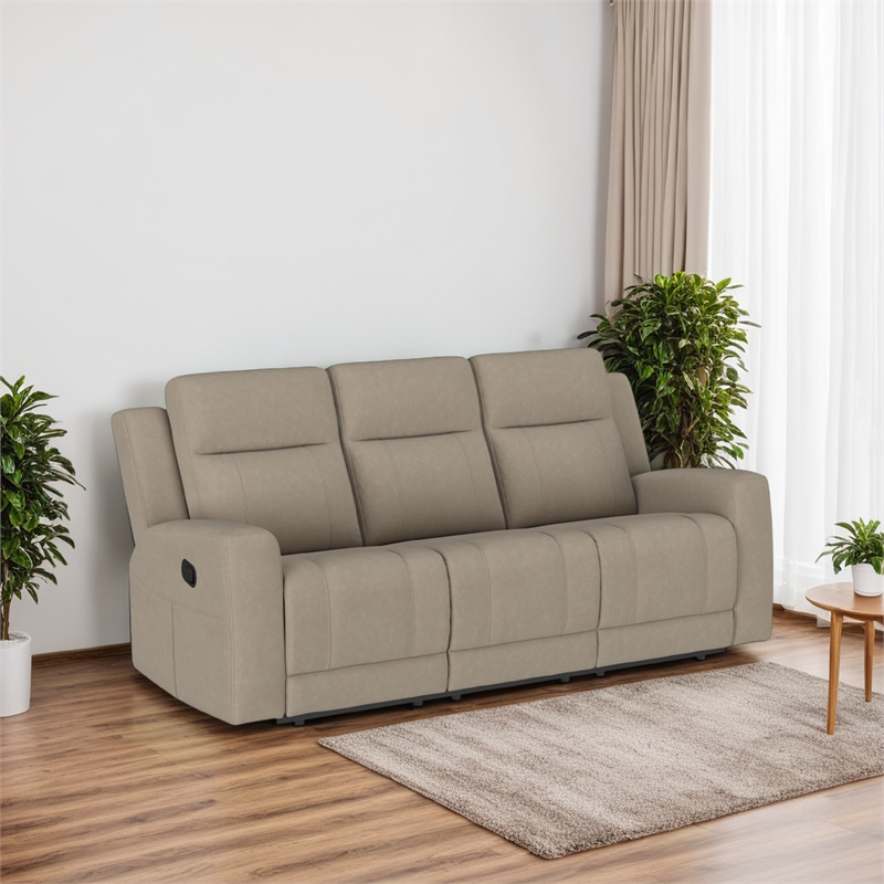 Krio Manual Recliner Sofa- 80 Inch Modern Taupe Brown Faux Leather