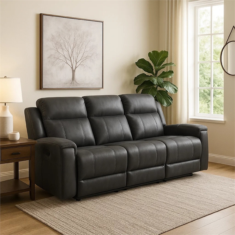 Krio Manual Recliner Sofa- 80 Inch- Modern Charcoal Gray Faux Leather