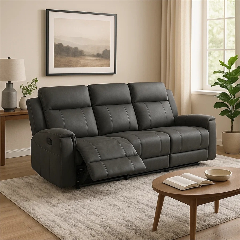 Krio Manual Recliner Sofa- 80 Inch- Modern Charcoal Gray Faux Leather