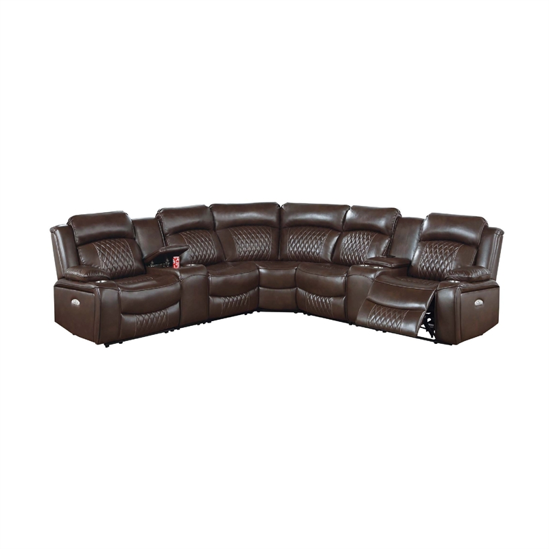 Ina Power Sectional Recliner L Shape Sofa- Console- Brown Faux Leather
