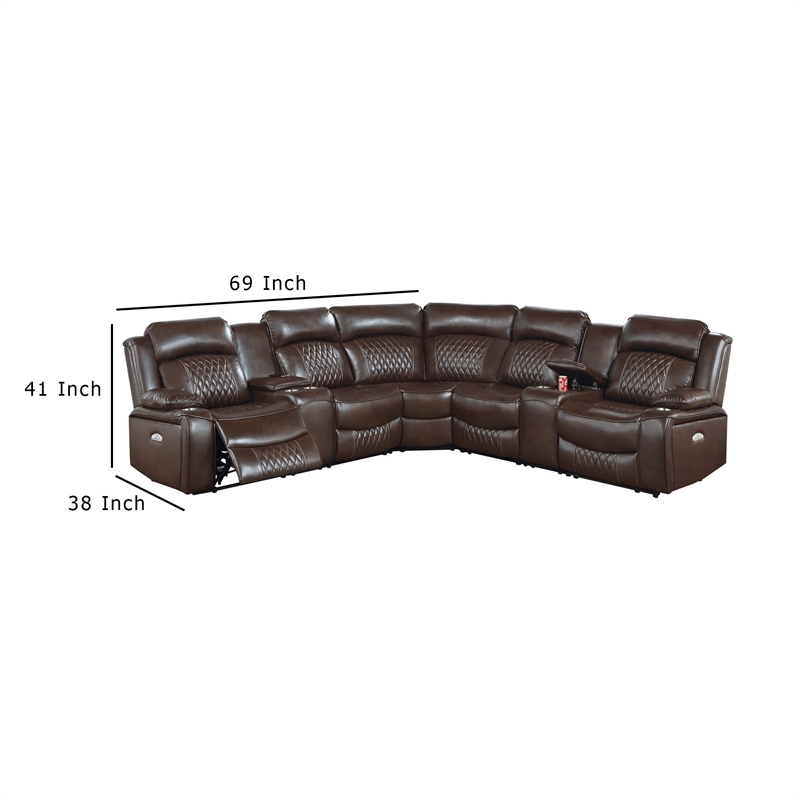 Ina Power Sectional Recliner L Shape Sofa- Console- Brown Faux Leather