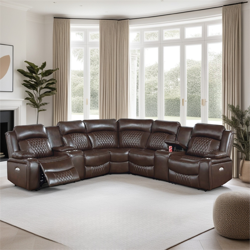 Ina Power Sectional Recliner L Shape Sofa- Console- Brown Faux Leather