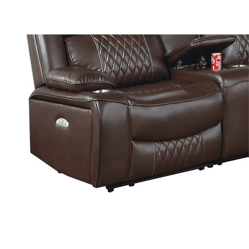 Ina Power Sectional Recliner L Shape Sofa- Console- Brown Faux Leather